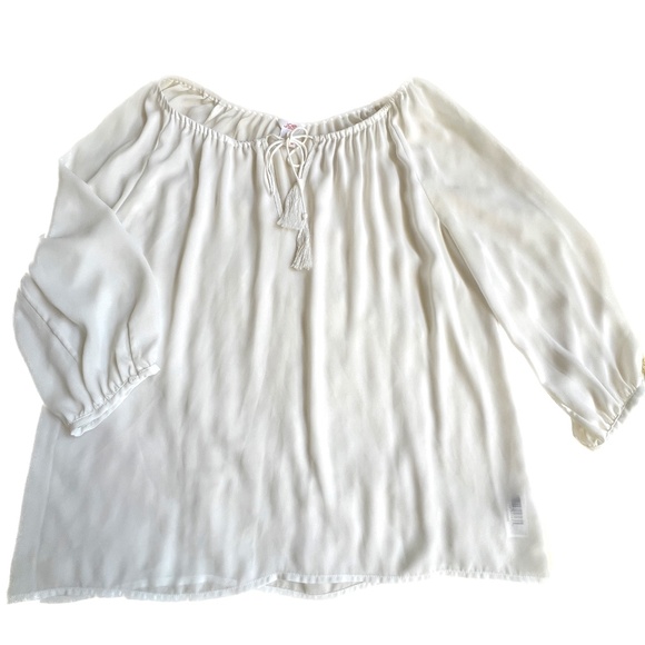 Joe Fresh Sheer Pull Over Blouse Neck Ties Sheer Size XL Beige Top 3/4 Sleeve - Picture 4 of 7